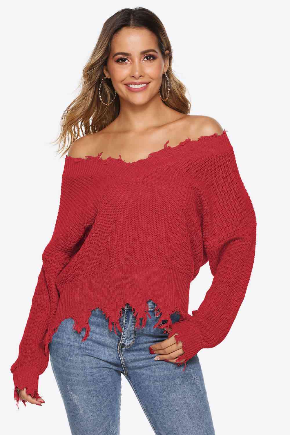 Ribbed LOff-Shoulderong Sleeve Raw Hem Sweater