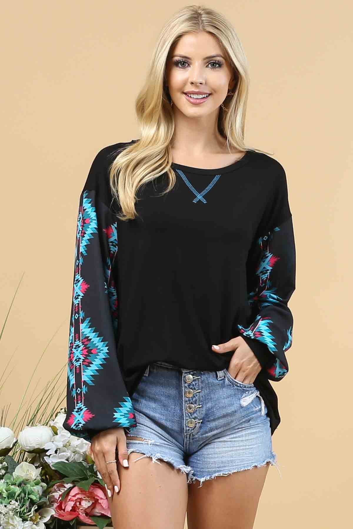 Aztec Print Woven Sleeves Knit Top