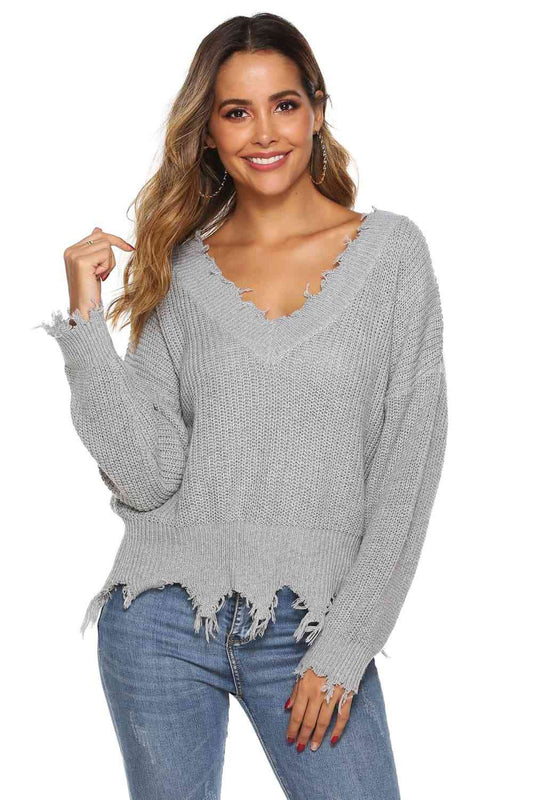 Ribbed LOff-Shoulderong Sleeve Raw Hem Sweater