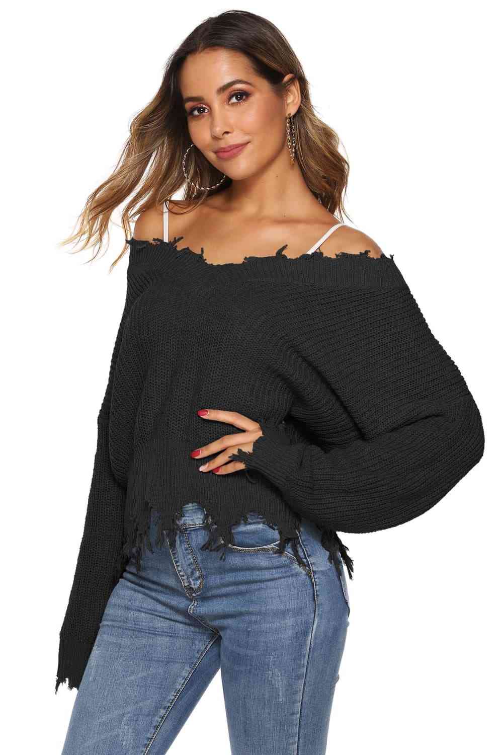 Ribbed LOff-Shoulderong Sleeve Raw Hem Sweater