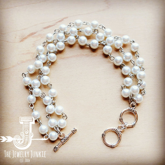 Triple Strand Pearl + Silver Bracelet