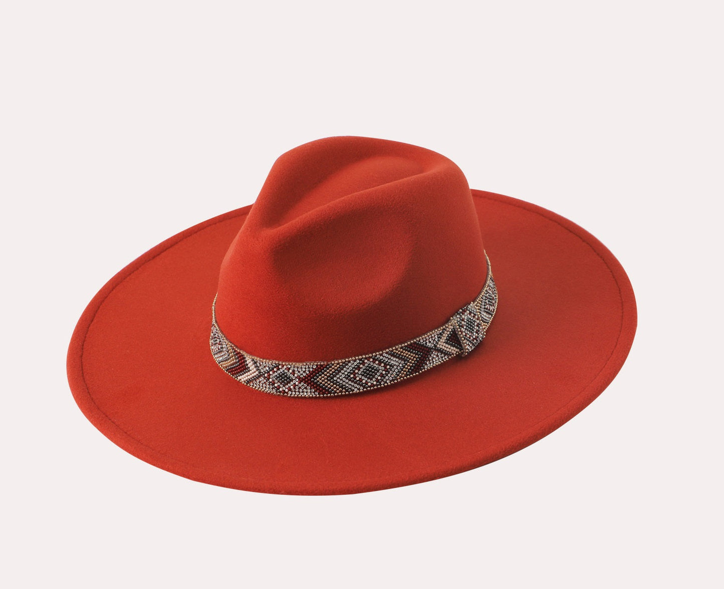 Beaded Band Felt Fedora Hat Rust