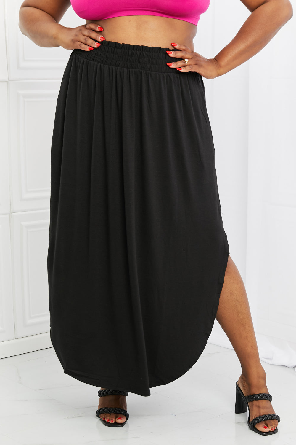 It's My Time Full Size Side Scoop Scrunch Skirt in Black