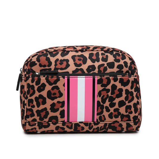 Neoprene Leopard Print Cosmetic Bag with organizational mesh pouch