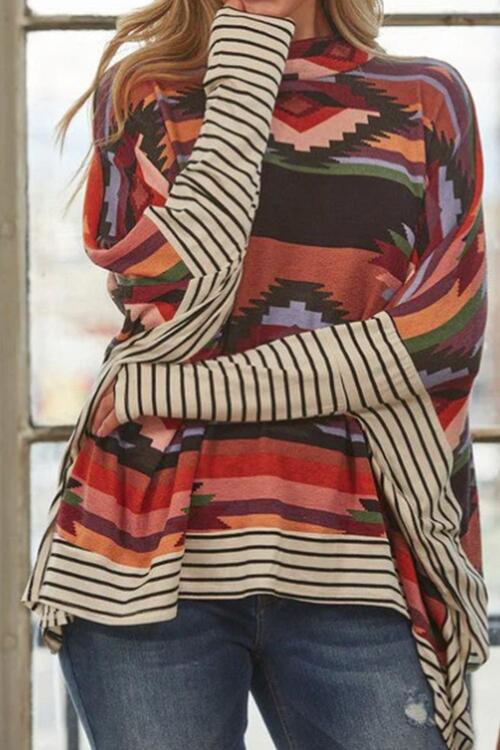 Aztec Striped Splicing Round Neck Blouse