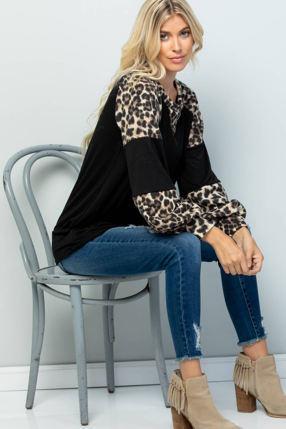 Black Leopard Print Long Bell Sleeve Top-Plus