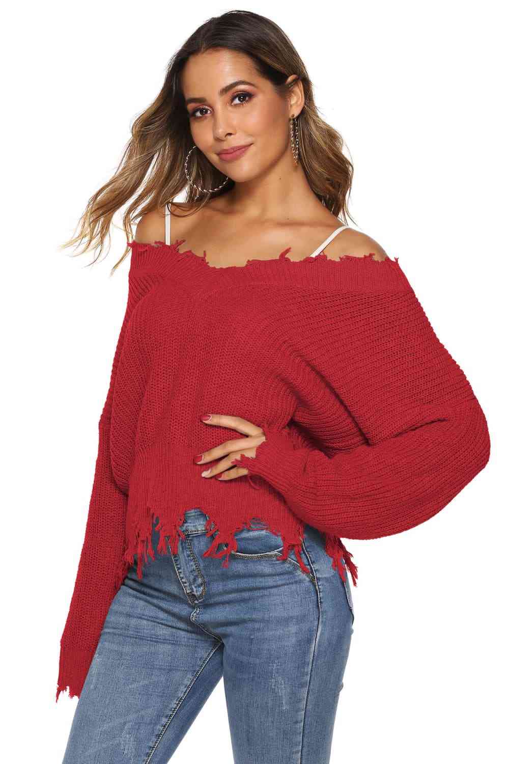 Ribbed LOff-Shoulderong Sleeve Raw Hem Sweater