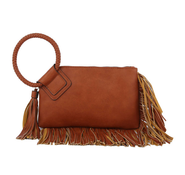 Leather Wristlet/Clutch with Fringe Brown