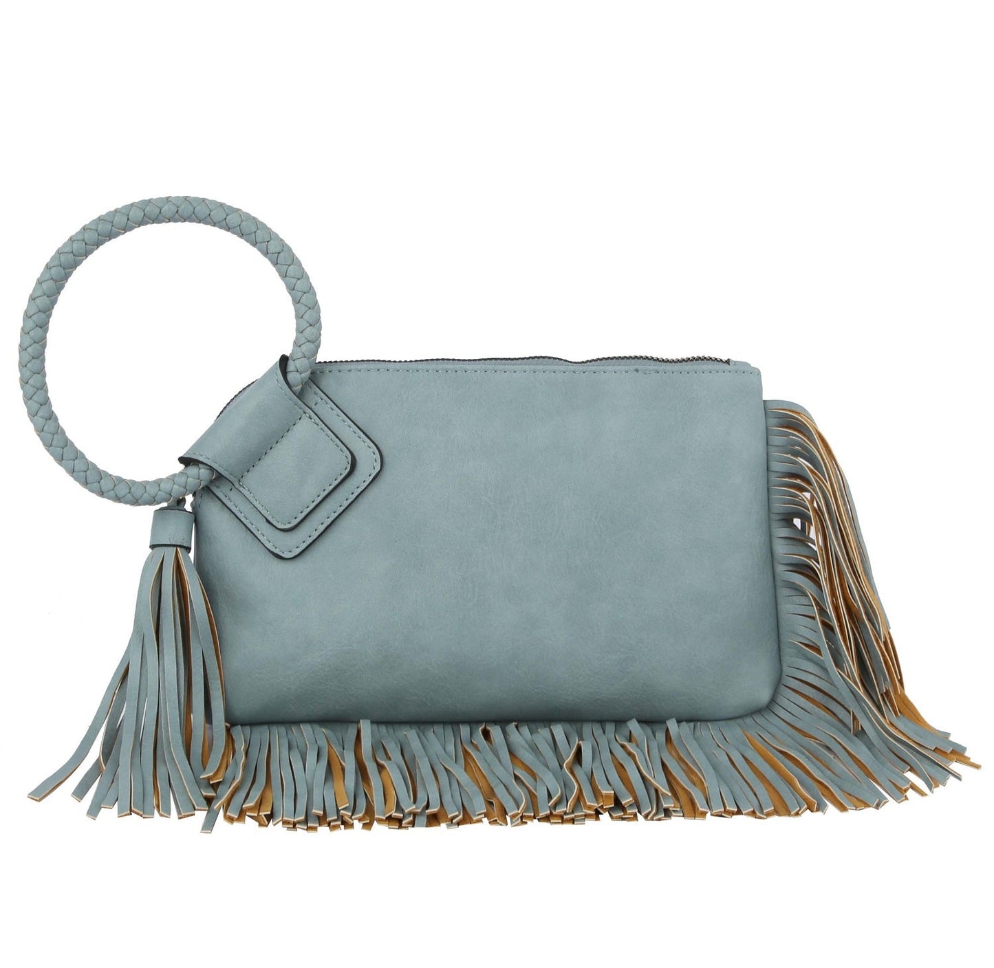 Leather Wristlet/Clutch with Fringe Dusty Blue