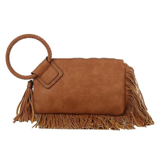 Leather Wristlet/Clutch with Fringe Tan