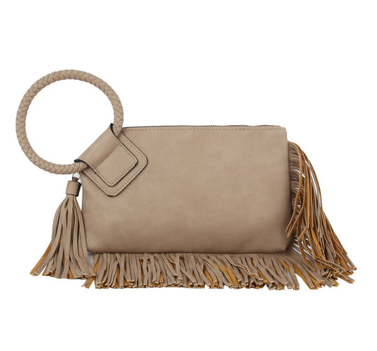 Leather Wristlet/Clutch with Fringe Stone