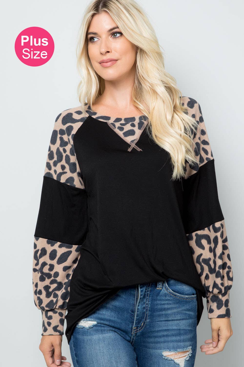 Black Leopard Print Long Bell Sleeve Top-Plus