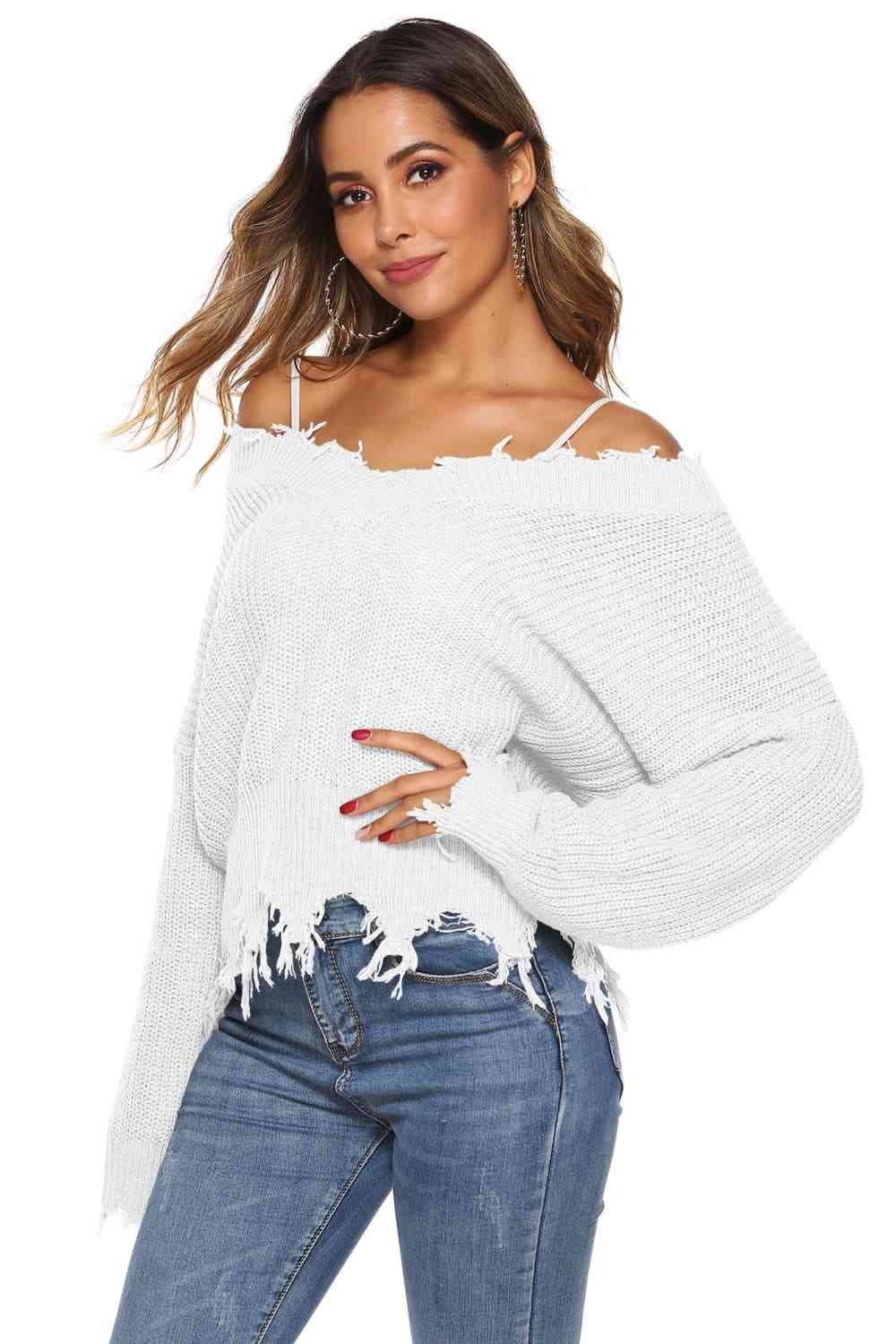 Ribbed LOff-Shoulderong Sleeve Raw Hem Sweater