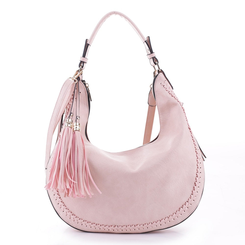 Double Tassel Boho Shoulder Bag Pink