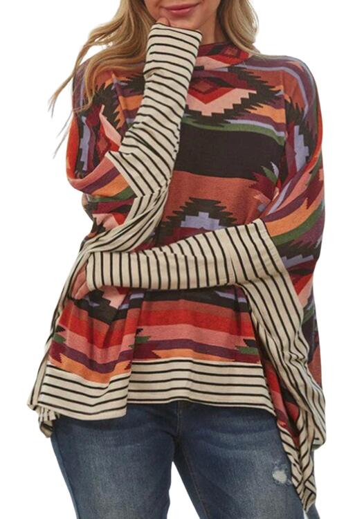 Aztec Striped Splicing Round Neck Blouse