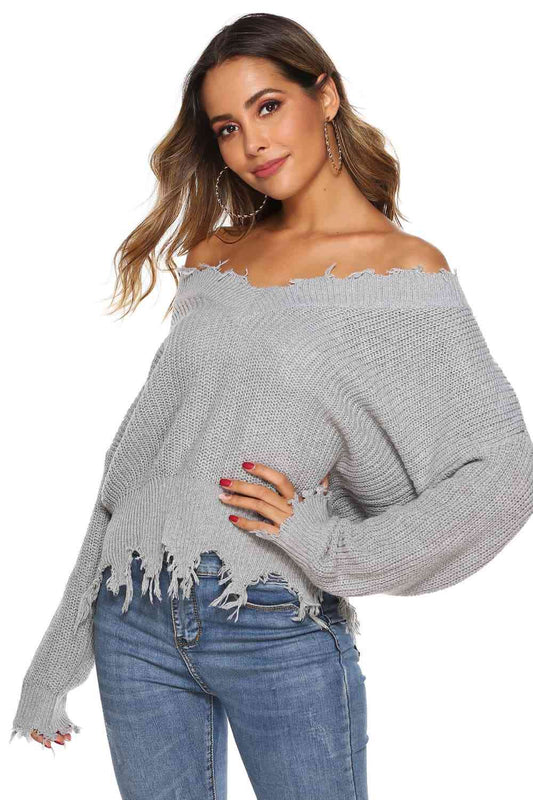 Ribbed LOff-Shoulderong Sleeve Raw Hem Sweater