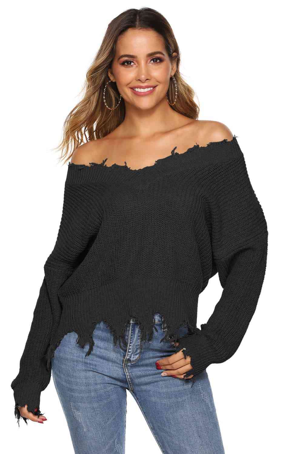 Ribbed LOff-Shoulderong Sleeve Raw Hem Sweater