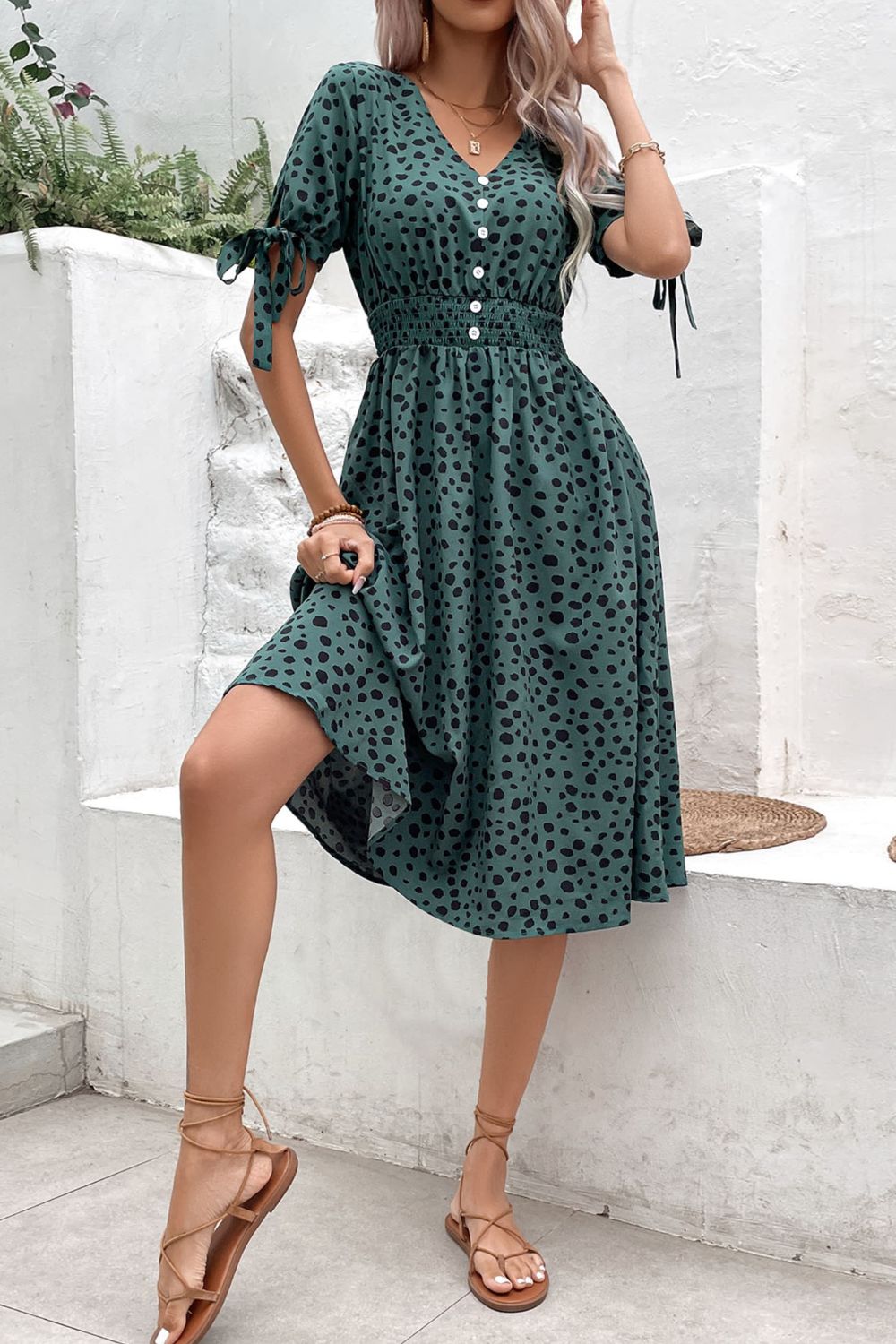 Printed Tie Cuff Smocked Waist Dress