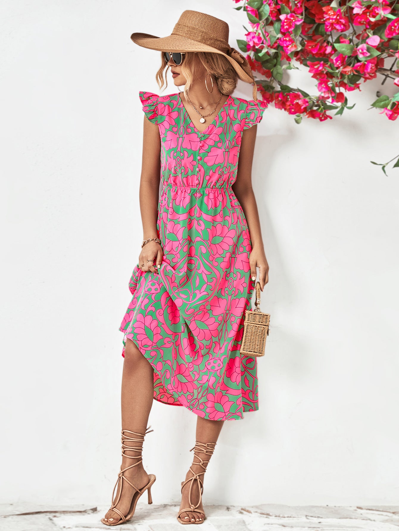 Floral V-Neck Cap Sleeve Dress