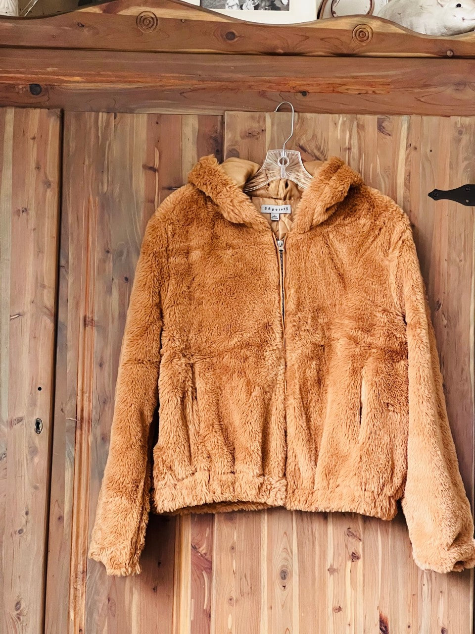 Cropped Faux Fur Jacket with Hood Tan